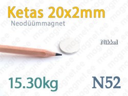 Neodüümmagnet Ketas 20x2mm, N52, Nikkel