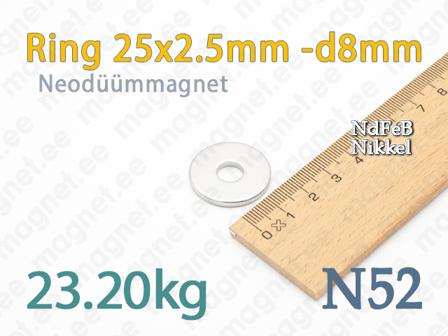 Neodüümmagnet Ring 25x2.5mm -d8mm, N52, Nikkel