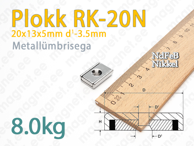 Kruvikinnitusega magnet, Plokk RK-20N, Metallümbrisega