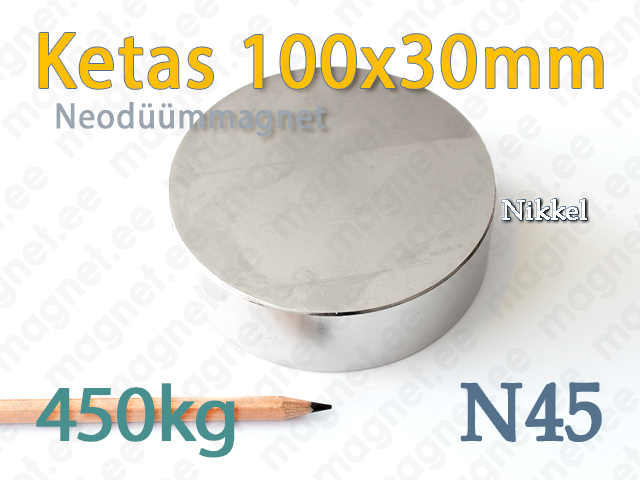 Neodüümmagnet Ketas 100x30mm, N45, Nikkel