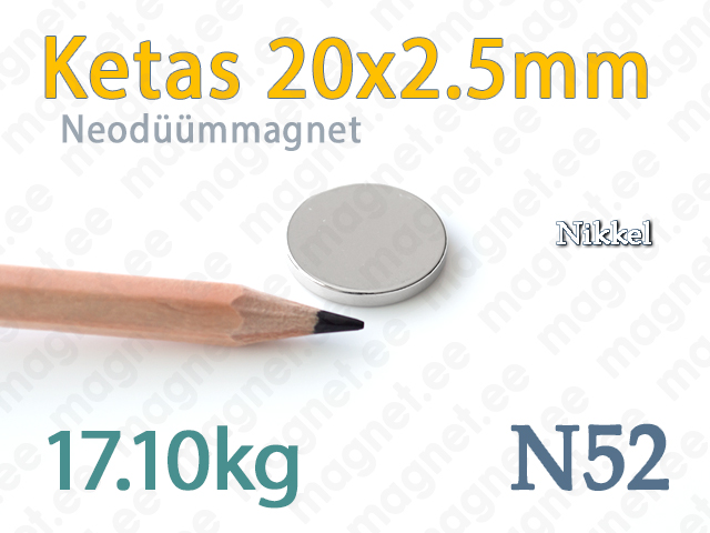 Neodüümmagnet Ketas 20x2,5mm, N52, Nikkel