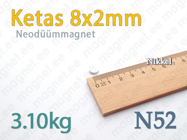 Neodüümmagnet Ketas 8x2mm, N52, Nikkel