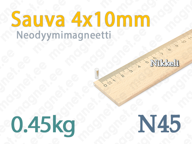 Neodyymi Sauvamagneetti 4x10mm, N45, Nikkeli