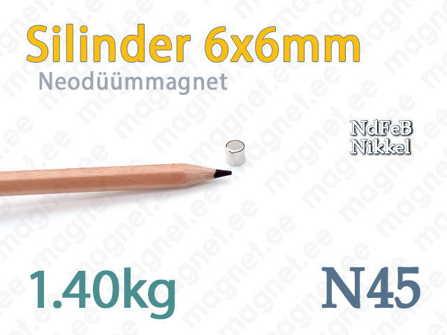 Silindermagnetid: Neodüümmagnet Silinder 6x6mm, N45, Nikkel