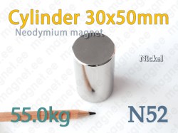 Neodymium magnet Cylinder 30x50mm N52, Nickel