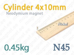 Neodymium magnet Cylinder 4x10mm N45, Nickel