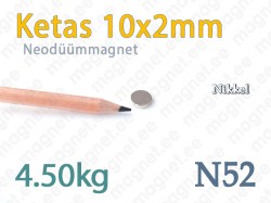 Neodüümmagnet Ketas 10x2mm, N52, Nikkel