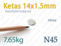 Neodüümmagnet Ketas 14x1,5mm, N45, Nikkel