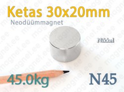 Neodüümmagnet Ketas 30x20mm, N45, Nikkel
