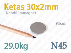 Neodüümmagnet Ketas 30x2mm, N45, Nikkel