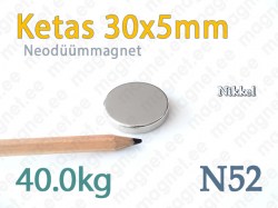 Neodüümmagnet Ketas 30x5mm, N52, Nikkel