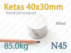 Neodüümmagnet Ketas 40x30mm, N45, Nikkel