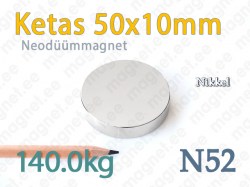 Neodüümmagnet Ketas 50x10mm, N52, Nikkel
