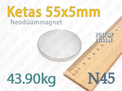 Neodüümmagnet Ketas 55x5mm, N45, Nikkel