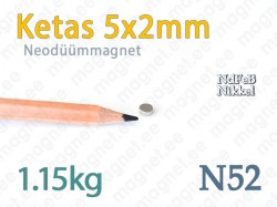 Neodüümmagnet Ketas 5x2mm, N52, Nikkel