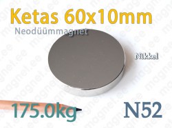 Neodüümmagnet Ketas 60x10mm, N52, Nikkel