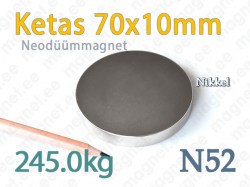Neodüümmagnet Ketas 70x10mm, N52, Nikkel