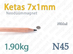 Neodüümmagnet Ketas 7x1mm, N45, Nikkel
