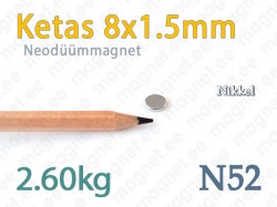 Ketasmagnet - Neodüümmagnet Ketas 8x1,5mm, N52, Nikkel