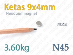 Neodüümmagnet Ketas 9x4mm, N45, Nikkel