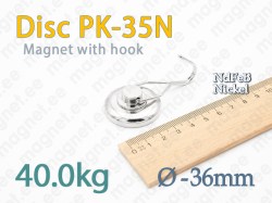 Magnet with Hook, Disc PK-35N, Nickel