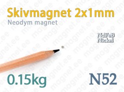 Skivmagneter: Neodym Skivmagnet 2x1mm, N52, Nickel