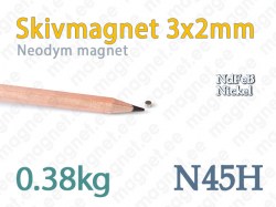 Skivmagneter: Neodym Skivmagnet 3x2mm, N45H, Nickel
