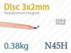 Neodymium magnet Disc 3x2mm N45H, Nickel