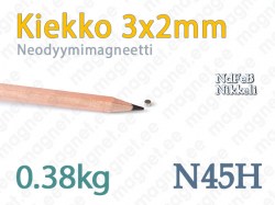 Kiekkomagneetit: Neodyymimagneetti Kiekko 3x2mm, N45H, Nikkeli
