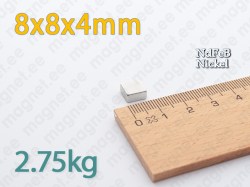 Neodüümmagnet Plokk 8x8x4mm, Nikkel