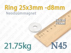Neodüümmagnet Ring 25x3mm -d8mm, N45, Nikkel