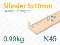 Neodüümmagnet Silinder 5x10mm, N45, Nikkel