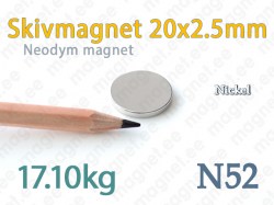 Neodym Skivmagnet 20x2,5mm, N52, Nickel