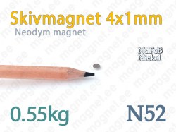 Neodym Skivmagnet 4x1mm, N52, Nickel