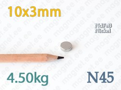 Neodüümmagnet Ketas 10x3mm, N45, Nikkel