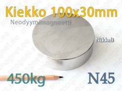 Neodyymimagneetti Kiekko 100x30mm, N45, Nikkeli