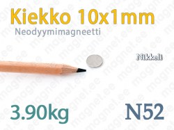 Neodyymimagneetti Kiekko 10x1mm, N52, Nikkeli