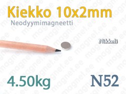Neodyymimagneetti Kiekko 10x2mm, N52, Nikkeli