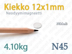 Neodyymimagneetti Kiekko 12x1mm, N45, Nikkeli