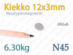 Neodyymimagneetti Kiekko 12x3mm, N45, Nikkeli