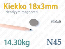 Neodyymimagneetti Kiekko 18x3mm, N45, Nikkeli