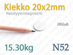Neodyymimagneetti Kiekko 20x2mm, N52, Nikkeli