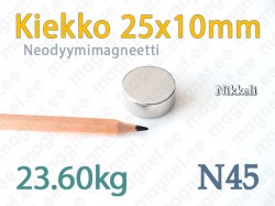 Neodyymimagneetti Kiekko 25x10mm, N45, Nikkeli