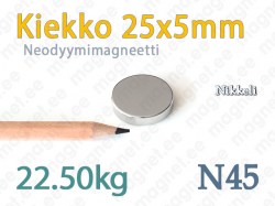 Neodyymimagneetti Kiekko 25x5mm, N45, Nikkeli
