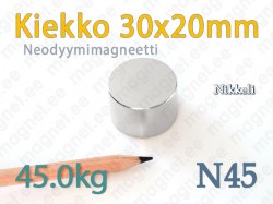 Neodyymimagneetti Kiekko 30x5mm, N52, Nikkeli
