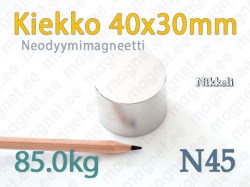 Neodyymimagneetti Kiekko 40x30mm, N45, Nikkeli