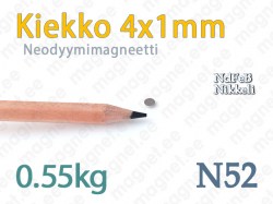 Neodyymimagneetti Kiekko 4x1mm, N52, Nikkeli