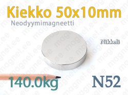 Neodyymimagneetti Kiekko 50x10mm, N52, Nikkeli