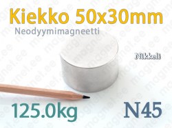 Neodyymimagneetti Kiekko 50x30mm, N45, Nikkeli