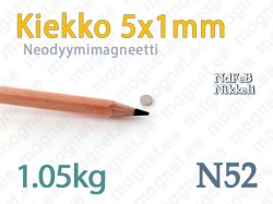 Neodyymimagneetti Kiekko 5x1mm, N52, Nikkeli